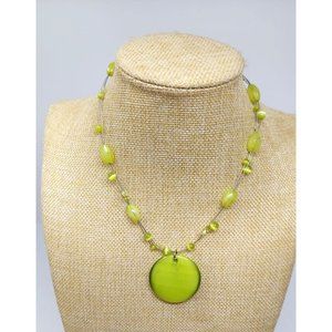 Vintage Lime Green Pendant and Beaded Wire Necklace